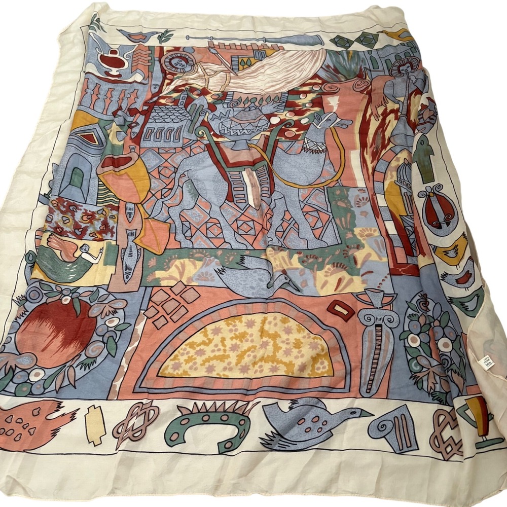Vintage Silk Scarf Camel Bird Mythological Print Multi Color Rectangular 40x21